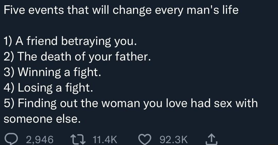 Five events that will change every mans life 1 A friend betraying you 2 The death of your father 3 Winning a fight EONCENEER TS 5 Finding out the woman you love had sex with someone else O 2946 11 114K 923K A