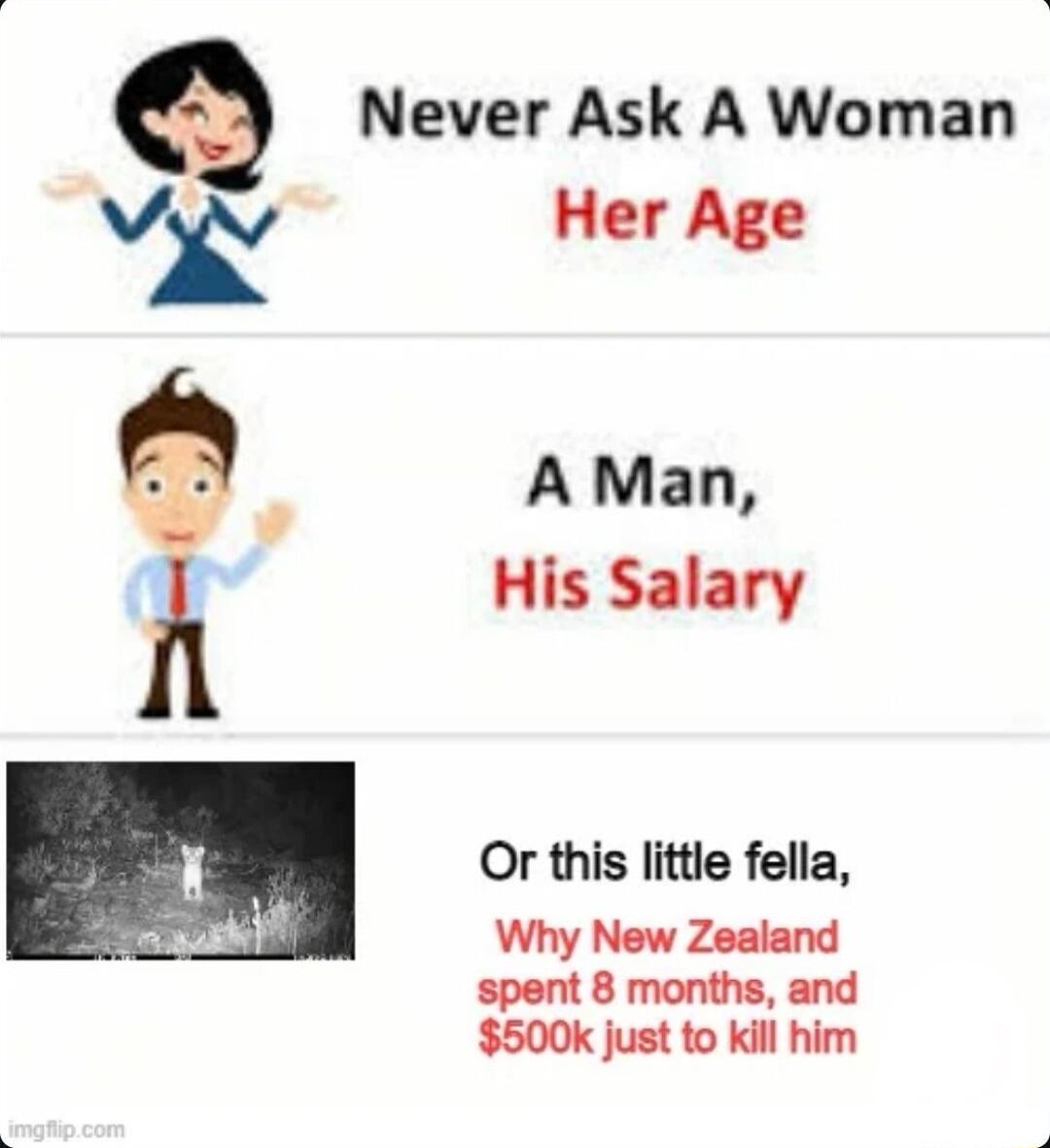 Never Ask A Woman Ix Her Age A Man His Salary Or this little fella k Why New Zealand spent 8 months and 500k just to kill him