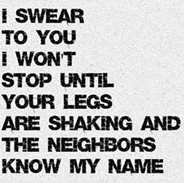 I SWEAR TO YOU I WONT STOP UNTIL YOUR LEGS ARE SHAKING AND THE NEIGHBORS KNOW MY NAME