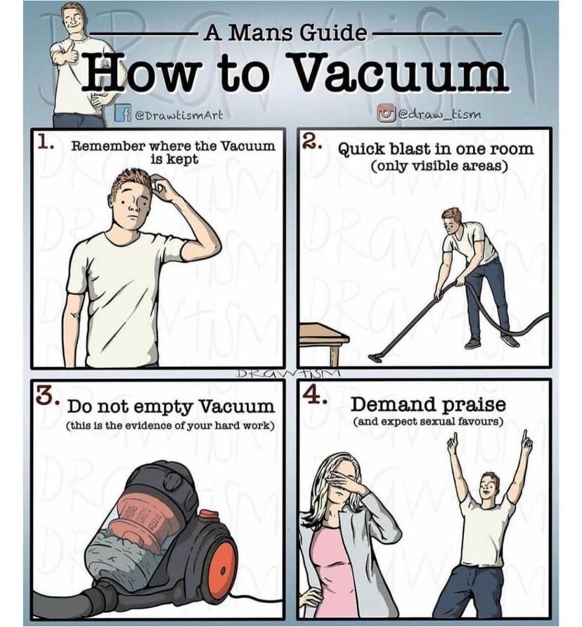 s A Mans Guide w to Vacuu eorantismart Becad biom 1 Rememver where the Vacuum R Quick blast in one room iskept only visible areas 3 Do not empty vacuum 4 Demand praise i 1 odanon o you b work a0 expect sl tavouse