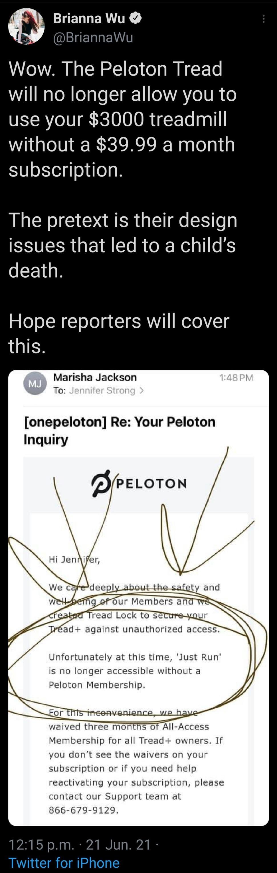 CRENVLER R ANOIEI I EVIT Wow The Peloton Tread Wil NeleRlelple1a 1IeVAYe0R o use your 3000 treadmill without a 3999 a month subscription The pretext is their design RO EIRE R R Rel al1e S death Hope reporters will cover this Marisha Jackson To onepeloton Re Your Peloton PEL0T0N Inquiry Hi Jennifer Unfortunately at this time Just Run is no longer accessible without a Peloton Membership waived three