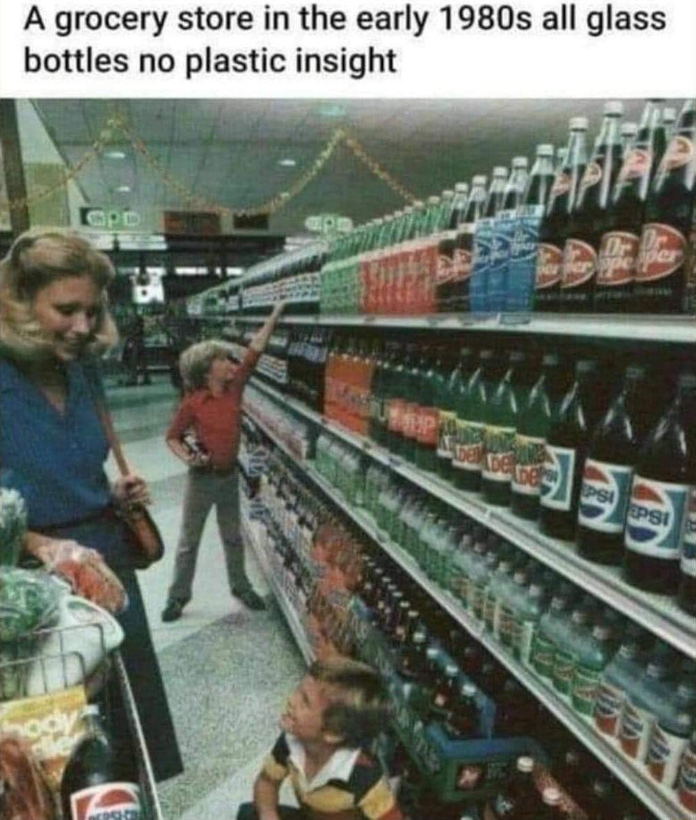 A grocery store in the early 1980s all glass bottles no plastic insight