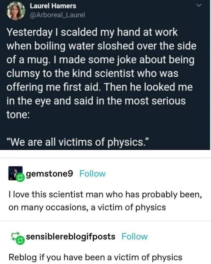f _ Laurel Hamers Yesterday scalded my hand at work when boiling water sloshed over the side of a mug made some joke about being clumsy to the kind scientist who was offering me first aid Then he looked me in the eye and said in the most serious tone We are all victims of physics mgemstoneQ Foll love this scientist man who has probably been on many occasions a victim of physics 4 sensiblereblogifp