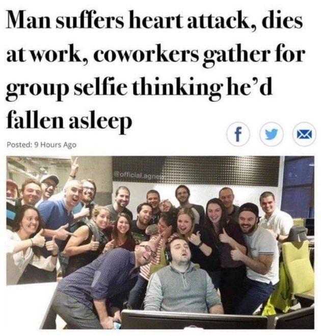 Man suffers heart attack dies atwork coworkers gather for group selfie thinking hed fallen asleep
