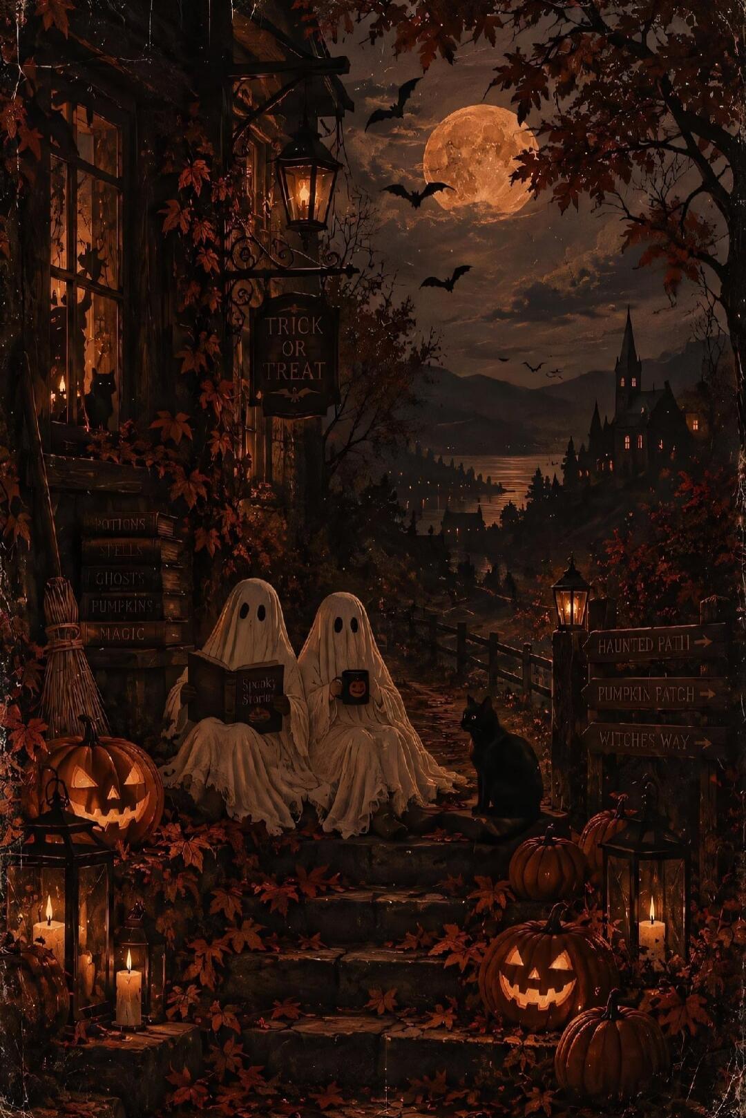 TRICK OR TREAT POTIONS SPELLS GHOSTS PUMPKINS MAGIC Spooky Stories HAUNTED PATH PUMPKIN PATCH WITCHES' WAY
