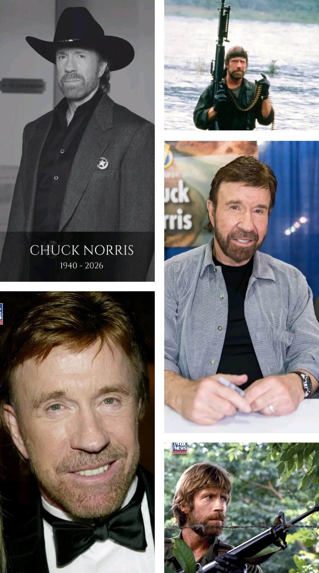CHUCK NORRIS 1940 - 2026. FOX NEWS channel. Chuck Norris is depicted in various images, including a black and white portrait in a cowboy hat, in military attire holding a machine gun in water, signing autographs at an event, and in a tuxedo. Another image shows him in a jungle setting with a rifle.