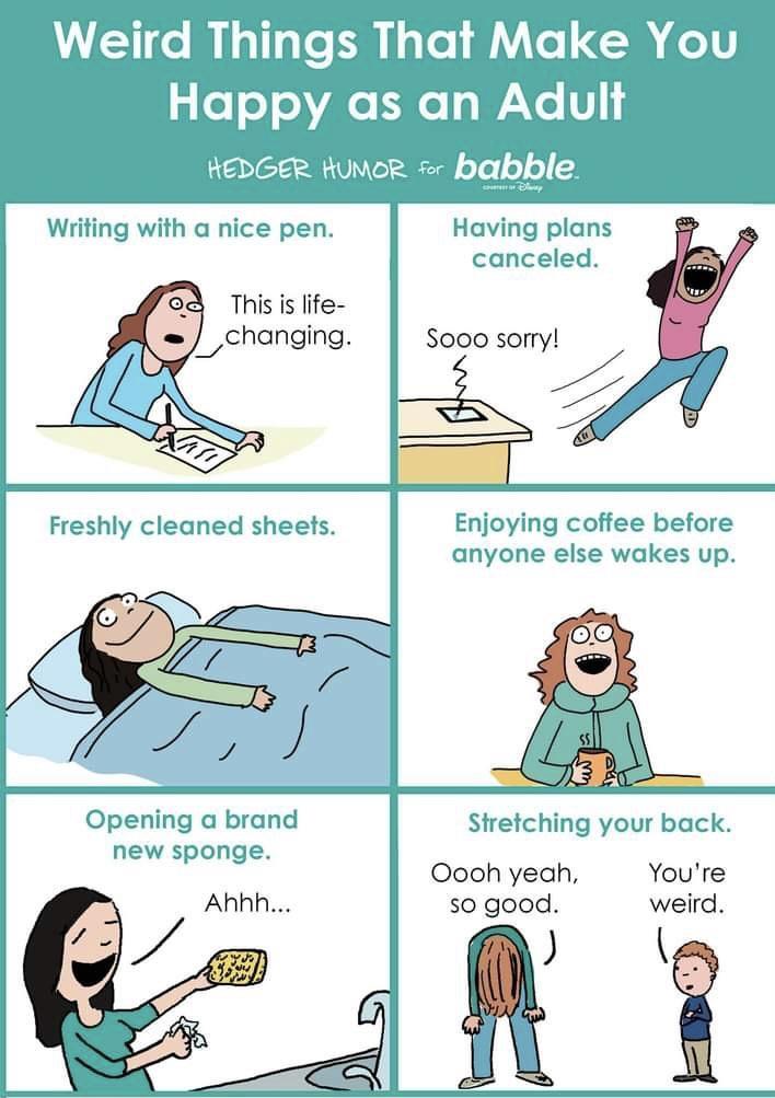 LSRG LI LR 1T Happy as an Adult HEDGER MR babble Wiiting with nice pen Having plans canceled This i lfe S000 sory Enjoying coffee before anyone else wakes up Opening a brand Stretching your back new sponge Ooohyeah Youre s0 good weird Ahhh