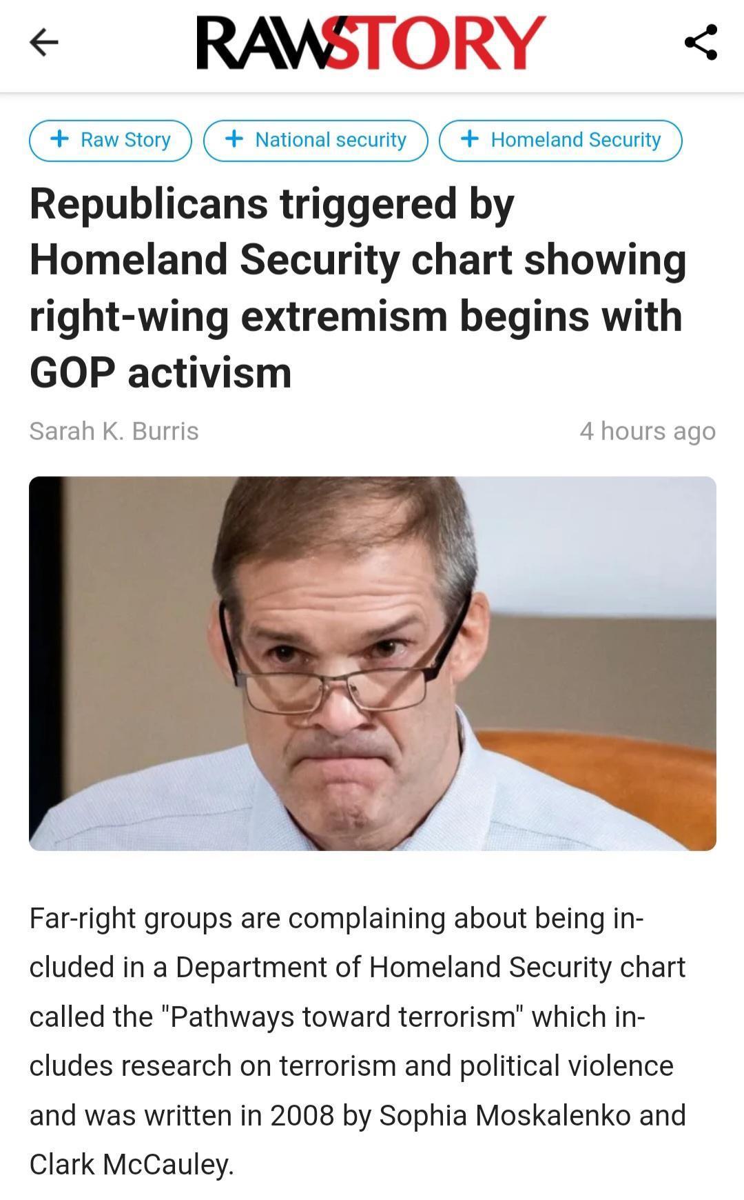 RAWS Rawstory F Nationalsecurty Homeland securty Republicans triggered by Homeland Security chart showing right wing extremism begins with GOP activism sSarah K Burris 4 hours ago Far right groups are complaining about being in cluded in a Department of Homeland Security chart called the Pathways toward terrorism which in cludes research on terrorism and political violence and was written in 2008 