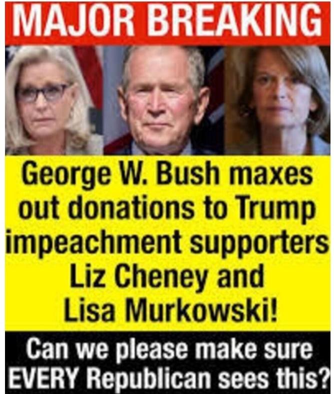 MAJOR BREAKING George W. Bush maxes out donations to Trump impeachment supporters Liz Cheney and Lisa Murkowski! Can we please make sure EVERY Republican sees this?