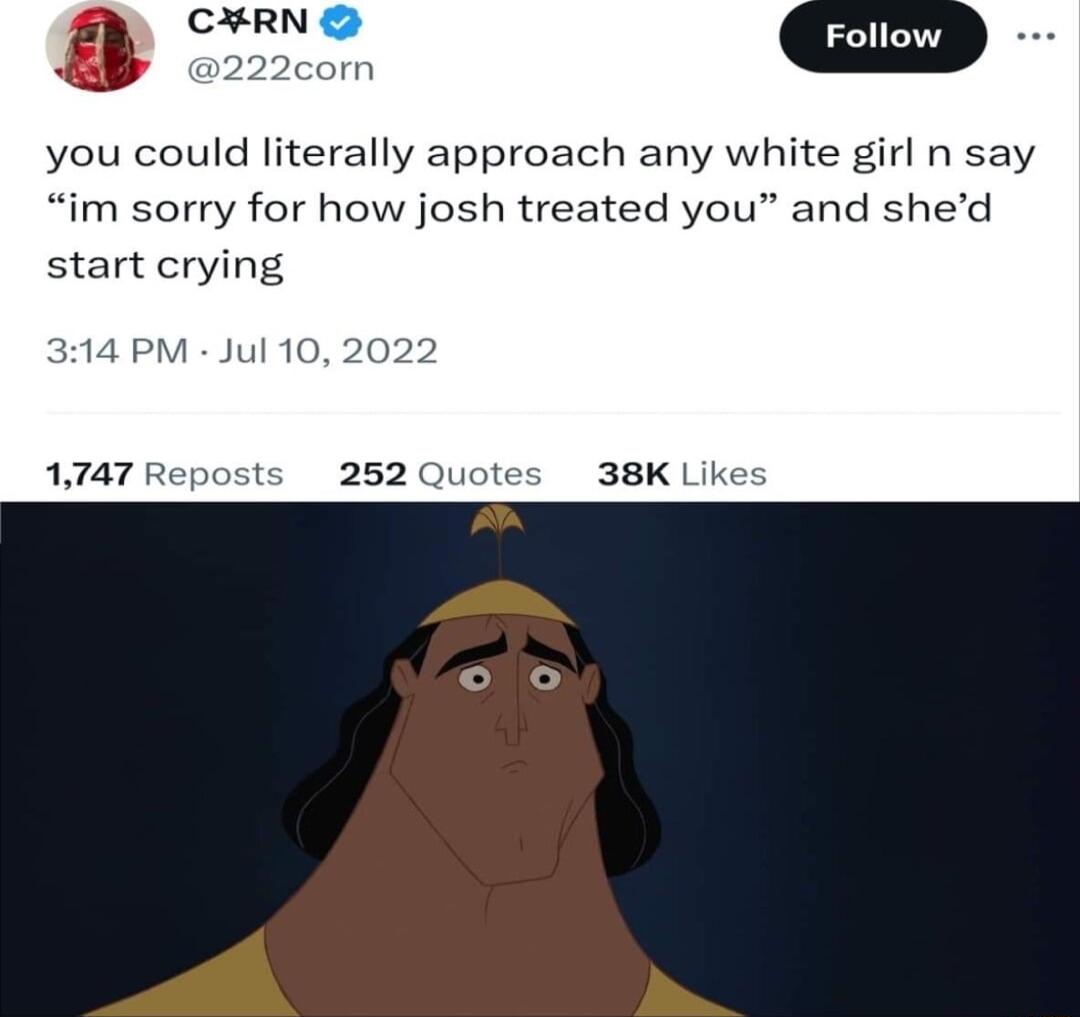 CRN you could literally approach any white girl n say im sorry for how josh treated you and shed start crying 4 PM Jul 10 2 1747 Reposts 252 Quotes 38K Like