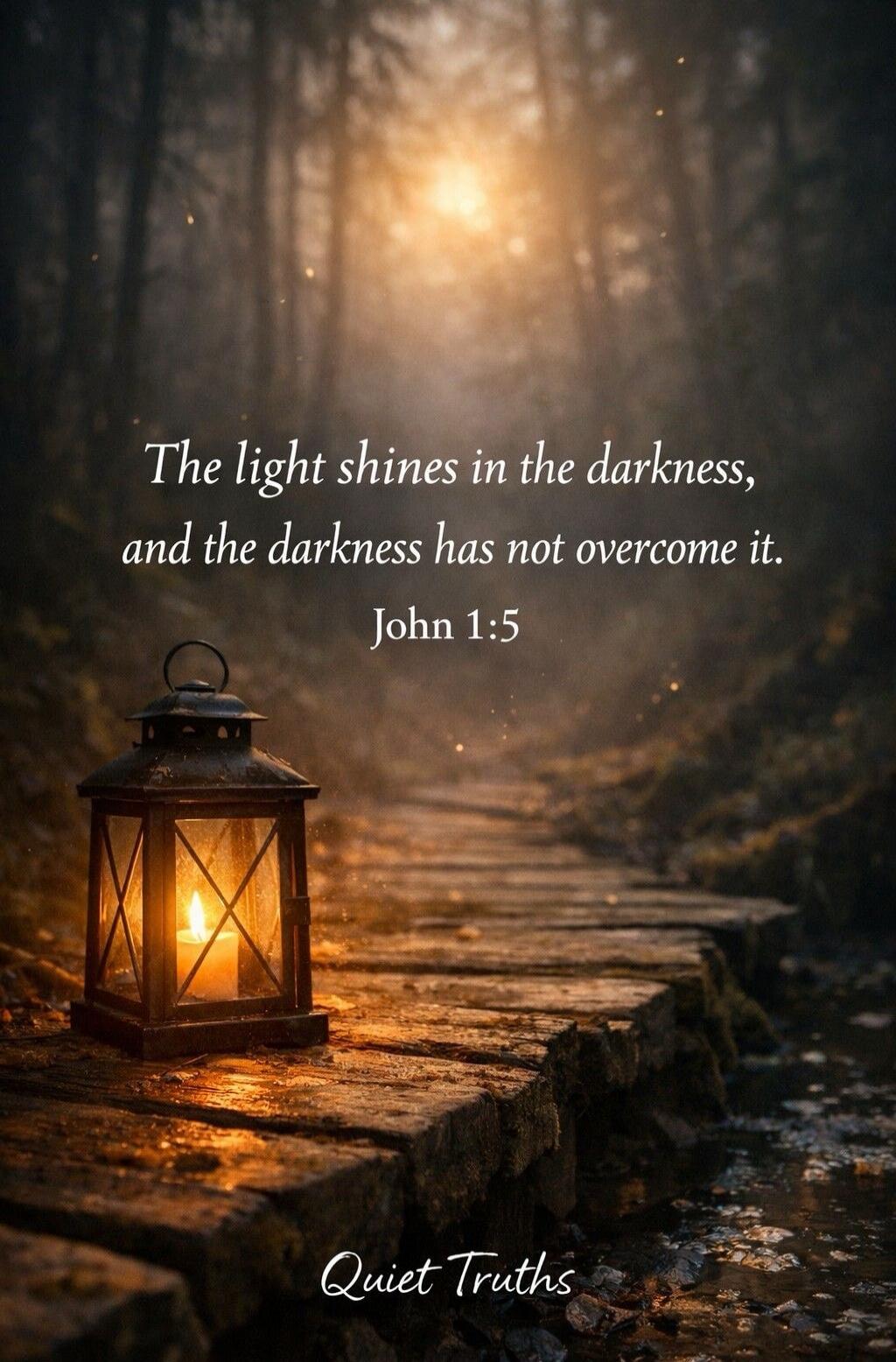 The light shines in the darkness, and the darkness has not overcome it. John 1:5 Quiet Truths