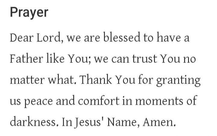 Prayer
Dear Lord, we are blessed to have a Father like You; we can trust You no matter what. Thank You for granting us peace and comfort in moments of darkness. In Jesus' Name, Amen.