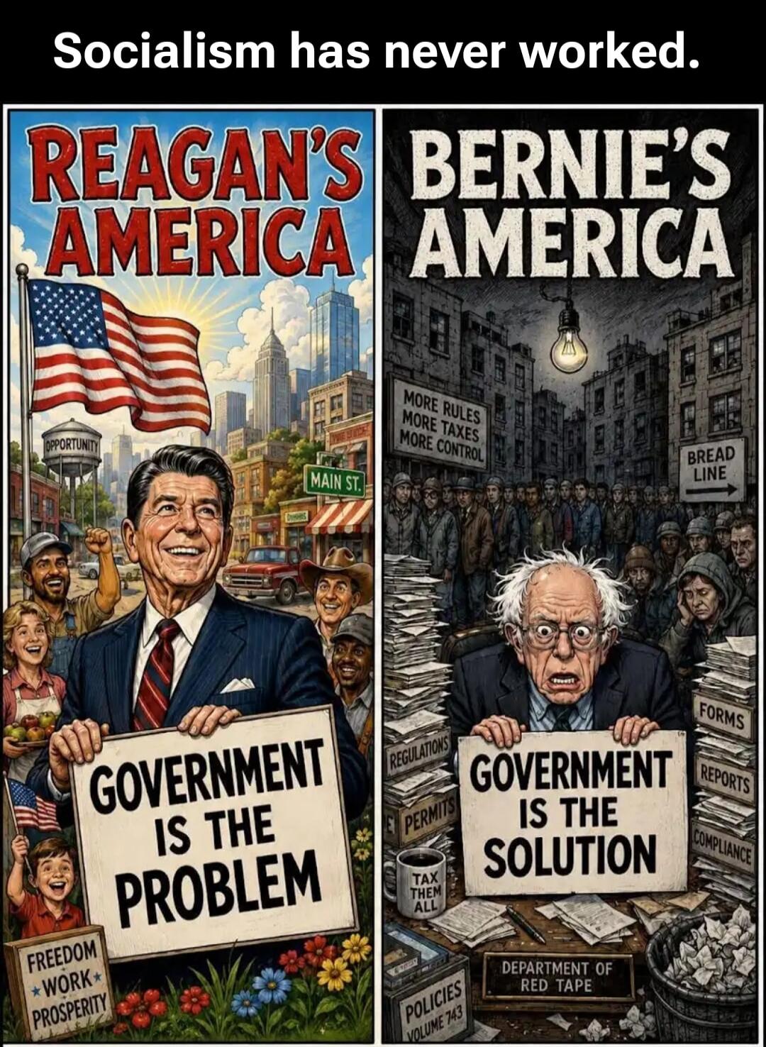 Socialism has never worked. REAGAN'S AMERICA OPPORTUNITY MAIN ST. GOVERNMENT IS THE PROBLEM FREEDOM WORK PROSPERITY BERNIE'S AMERICA MORE RULES MORE TAXES MORE CONTROL BREAD LINE GOVERNMENT IS THE SOLUTION REGULATIONS PERMITS TAX THEM ALL FORMS REPORTS COMPLIANCE POLICIES VOLUME 743 DEPARTMENT OF RED TAPE
