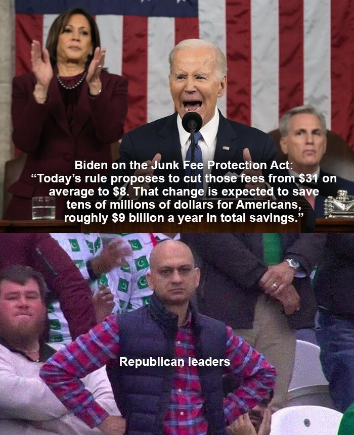 Y Biden on theJunk FeeProtection Act Todays rule proposes to cut thos fees from3f on average to 8 That change is expected to save tens of millions of dollars for Americans fj roughly 9 billion a year in total savings