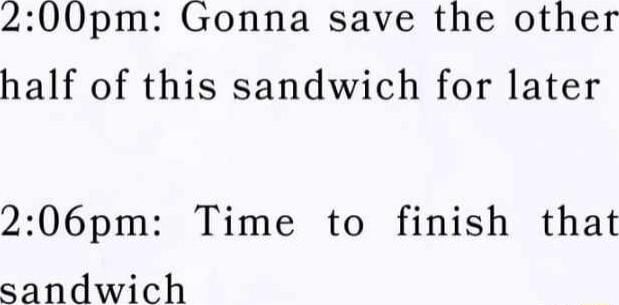 200pm Gonna save the other half of this sandwich for later 206pm Time to finish that sandwich