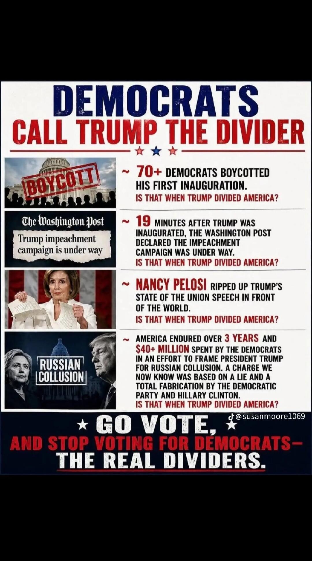 DEMOCRATS CALL TRUMP THE DIVIDER. BOYCOTT. 70+ DEMOCRATS BOYCOTTED HIS FIRST INAUGURATION. IS THAT WHEN TRUMP DIVIDED AMERICA? The Washington Post Trump impeachment campaign is under way. 19 MINUTES AFTER TRUMP WAS INAUGURATED, THE WASHINGTON POST DECLARED THE IMPEACHMENT CAMPAIGN WAS UNDER WAY. IS THAT WHEN TRUMP DIVIDED AMERICA? NANCY PELOSI RIPP