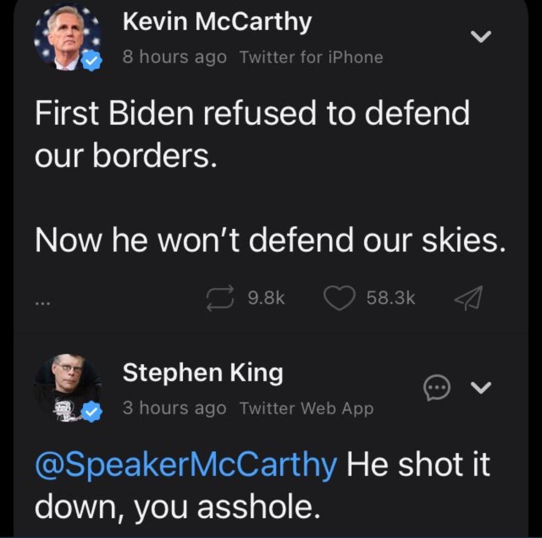 Kevin McCarthy v QI 8 hours ago Twitter f First Biden refused to defend oIVgl oTe o TEH WA TERNYoTal e 5 ToTo N T NTH SE LN e v SpeakerMcCarthy He shot it down you asshole