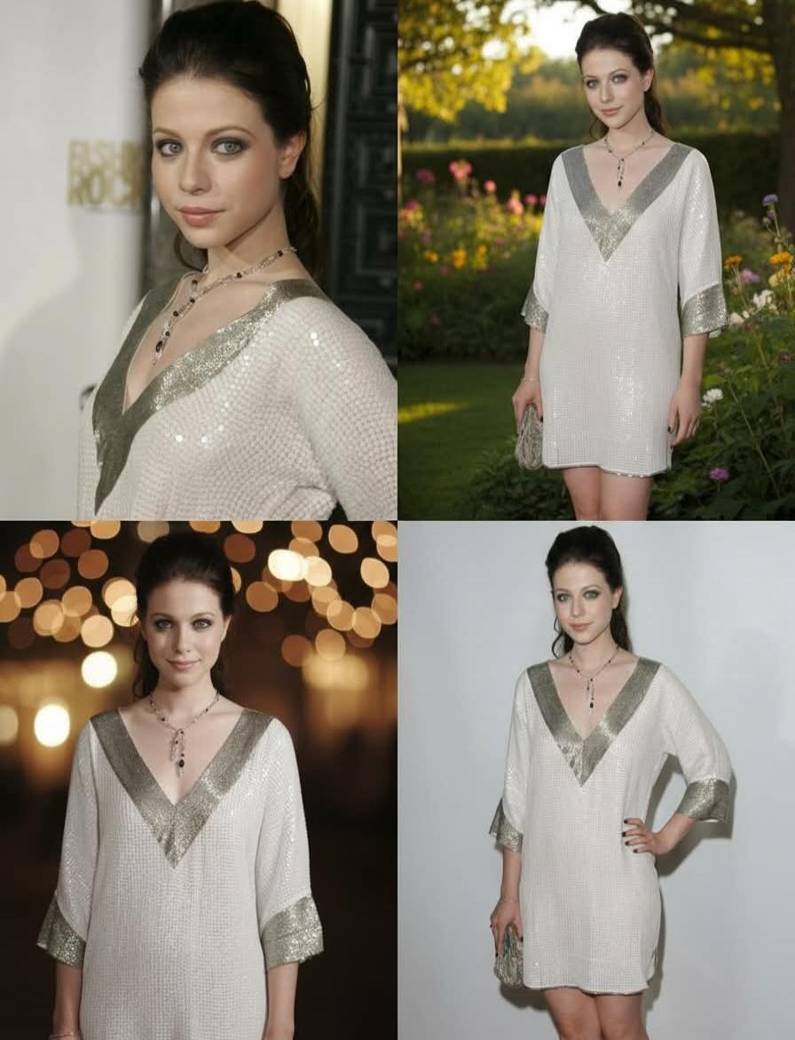 Emma Watson wearing a white dress with silver trim (collage of four photos).