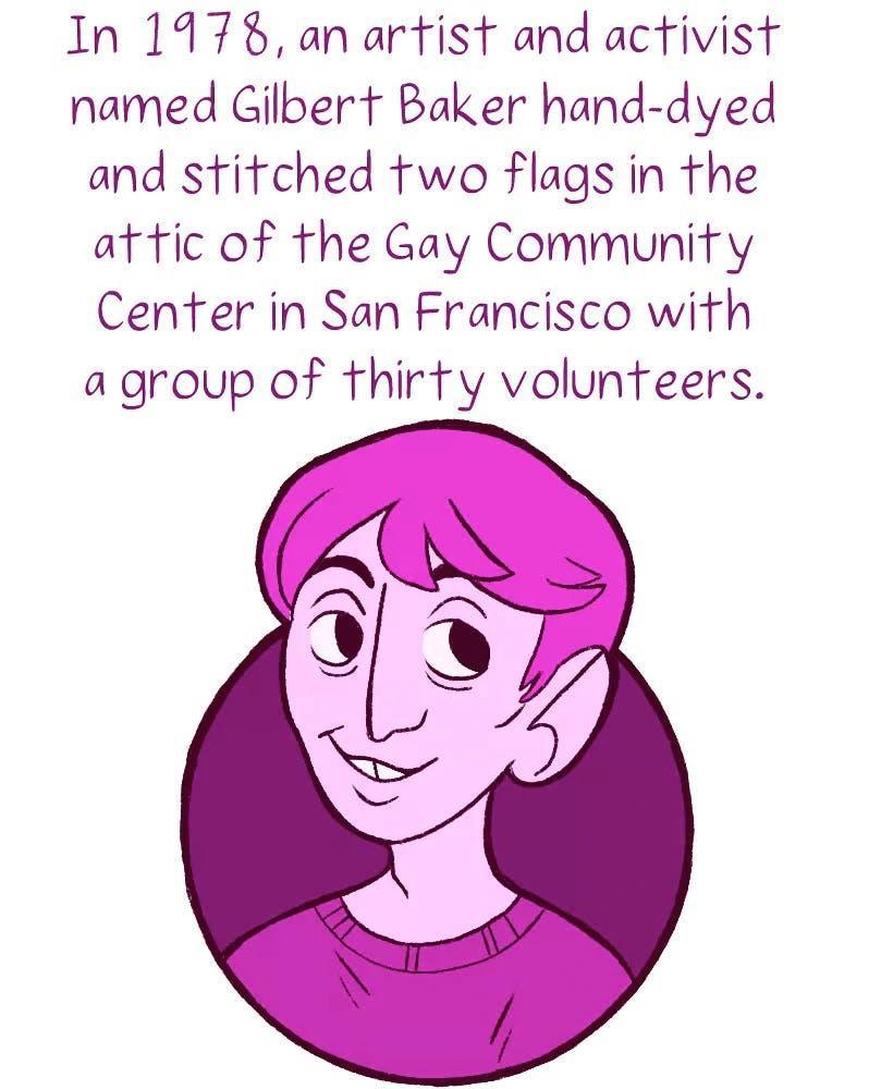 In 1979 an artist and activist named Gilbert Baker hand dyed and stitched two flags in the attic of the Gay Community Centerin San Francisco with agroup of thirty volunteers b