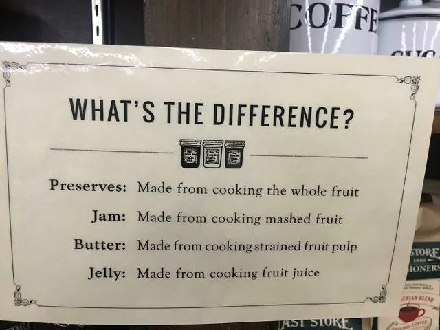 b o 9 lh T 1 WHATS THE DIFFERENCE Preserves Made from cooking the whole fruit Jam Made from cooking mashed fruic Butter Made from cooking strained fruit pulp Jelly Made from cooking fruit juice