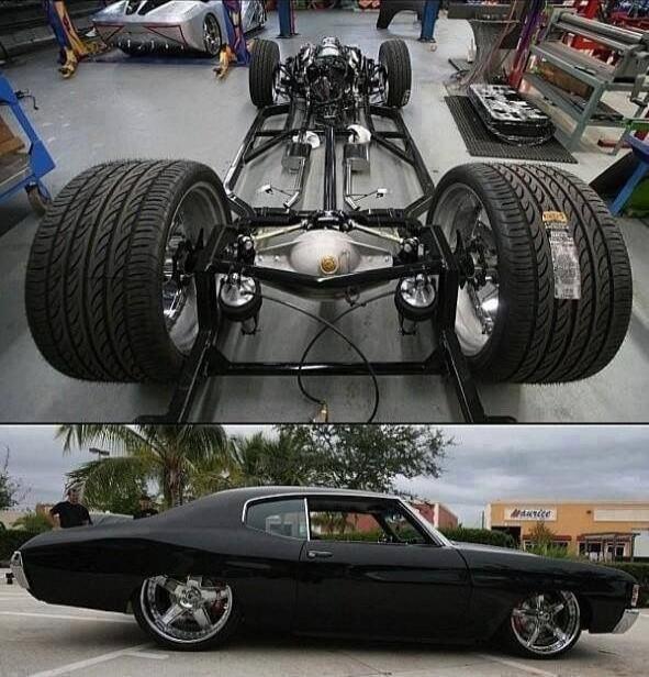 Two images: top shows a car chassis with exposed drivetrain and large rear tires, likely in a workshop; bottom shows a heavily customized black two-door coupe with an ultra-low, slammed stance.