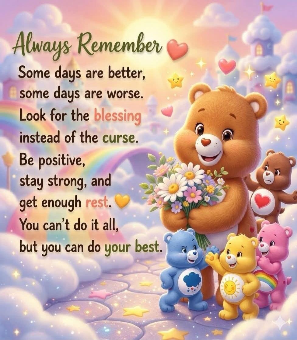 Always Remember Some days are better, some days are worse. Look for the blessing instead of the curse. Be positive, stay strong, and get enough rest. You can't do it all, but you can do your best.