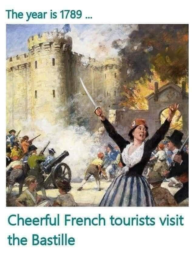 The year is 1789 i Cheerful French tourists visit the Bastille