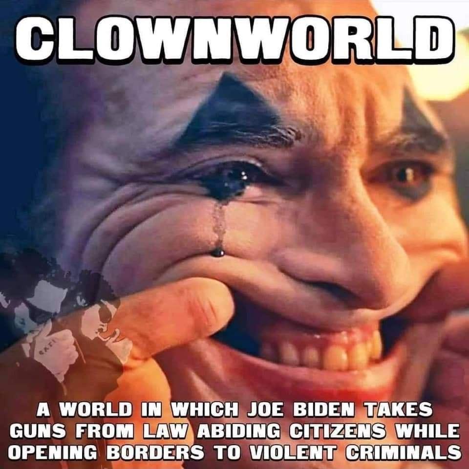 CLOWNWORIID A WORLD INAWHICH JOE BIDEN TAKES GUNS FROM IAW ABIDING CITIZENSEWHILE G oo L el 30 L R A L R LT VRS