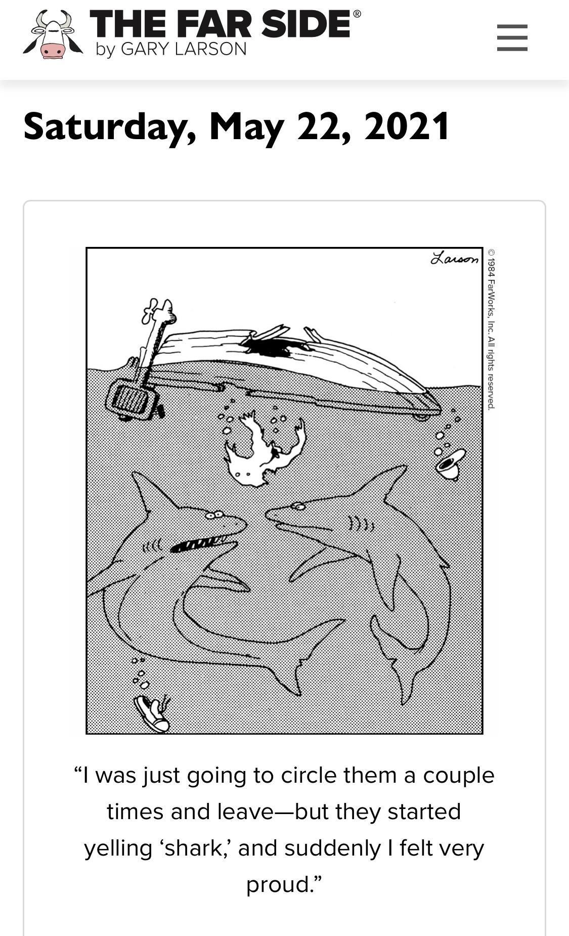 THE FAR SIDE by GARY LARSON Saturday May 22 2021 e e 9 I E o b4 3 Z l was just going to circle them a couple times and leavebut they started yelling shark and suddenly felt very proud