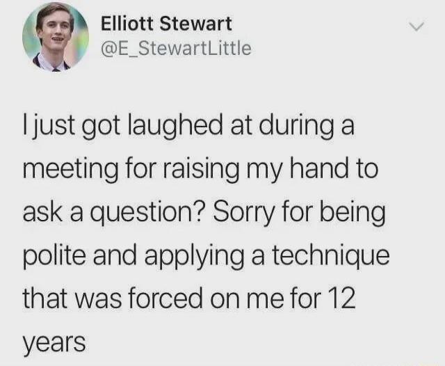 I just got laughed at during a meeting for raising my hand to ask a question? Sorry for being polite and applying a technique that was forced on me for 12 years