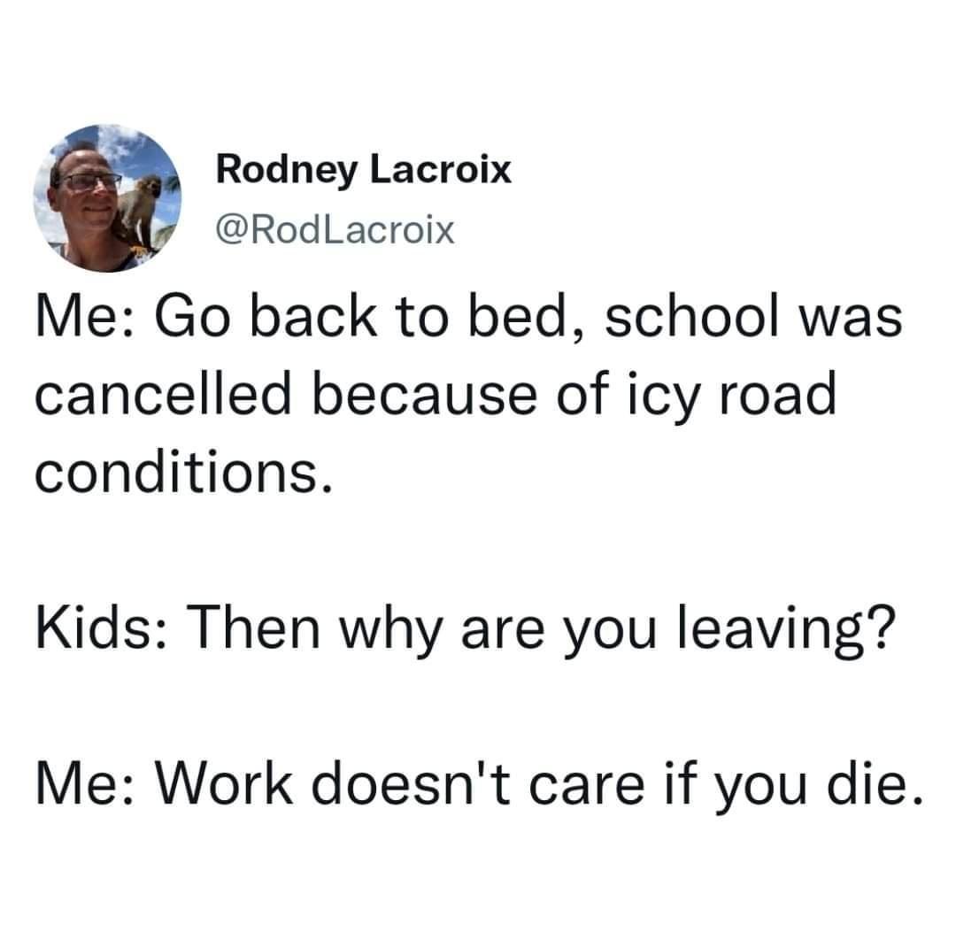 Rodney Lacroix RodLacroix Me Go back to bed school was cancelled because of icy road conditions Kids Then why are you leaving Me Work doesnt care if you die