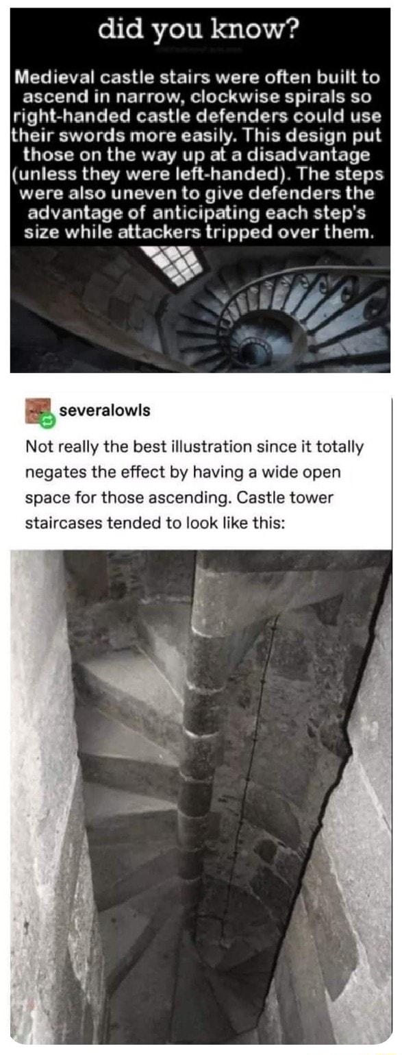 did you know Medieval castle stairs were often built to ascend in narrow clockwise spirals so e LS ERT L RGE R IR A T o BT TV 6 NVET their swords more easily This design put LUGETR R CRVEVRTT I Re T IVET T 0 2 CLIEEER GV S ET T L PR I TR T were also uneven to give defenders the advantage of anticipating each steps size while attackers tripped over them Not really the best illustration since it tot