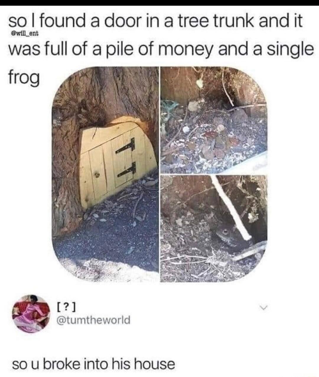 9L_Ifound adoorin atree trunk and it was full of a pile of money and a single frog 21 tumtheworld s0 u broke into his house