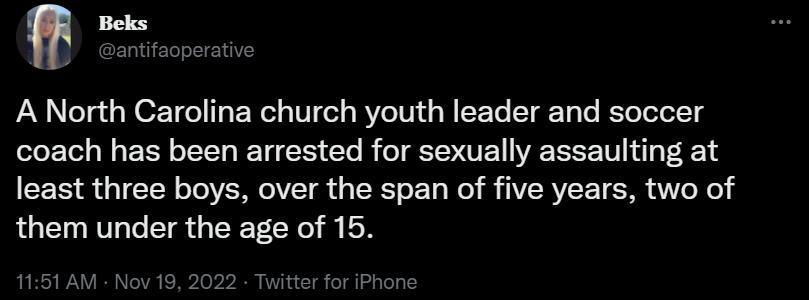 A North Carolina church youth leader and soccer coach has been arrested for sexually assaulting at least three boys over the span of five years two of them under the age of 15 1