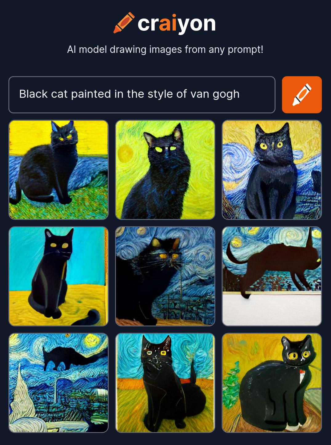 craiyon Al model drawing images from any prompt Black cat painted in the style of van gogh