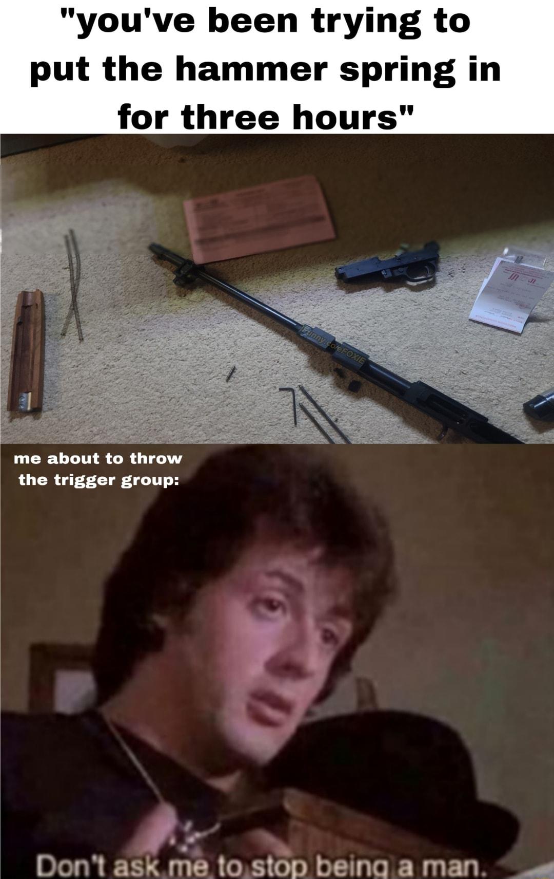 youve been trying to put the hammer spring in for three hours out to throw the trigger group V Dont ask me tostop beinga man