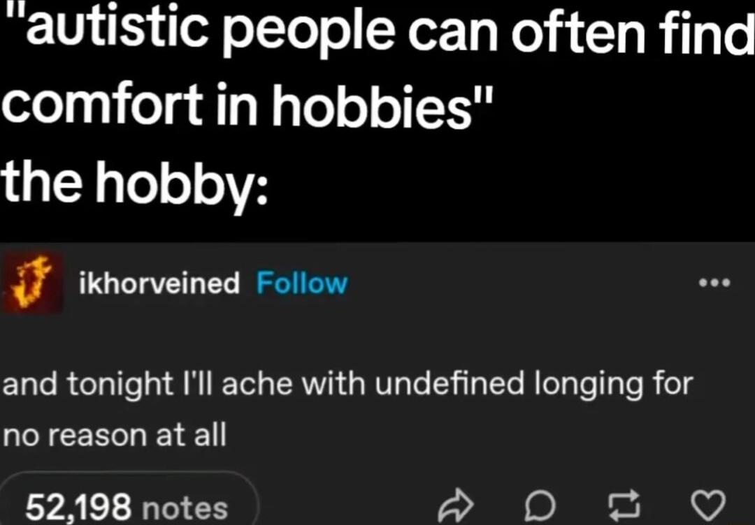 autistic people can often find comfort in hobbies the hobby a ikhorveined Follow and tonight Ill ache with undefined longing for QCICERRGE 52198 notes 7 S O o N 8