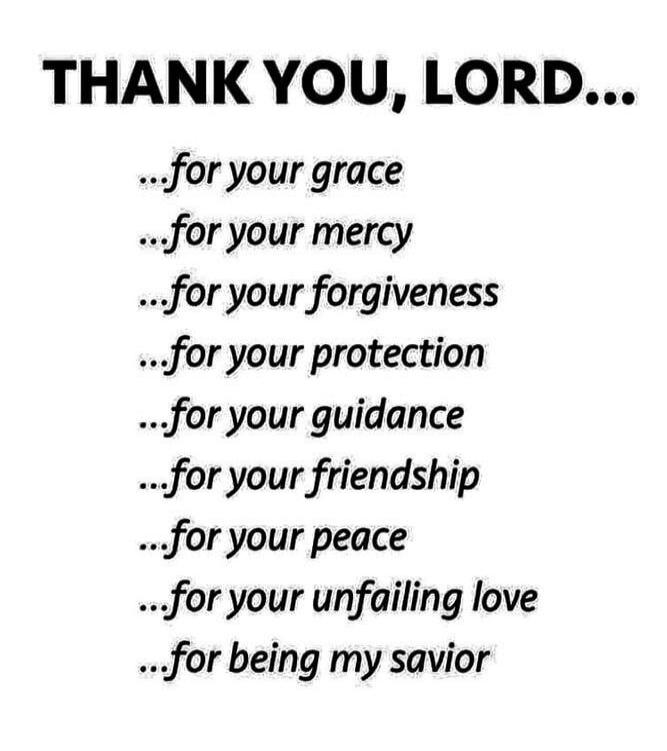 THANK YOU, LORD...
...for your grace
...for your mercy
...for your forgiveness
...for your protection
...for your guidance
...for your friendship
...for your peace
...for your unfailing love
...for being my savior