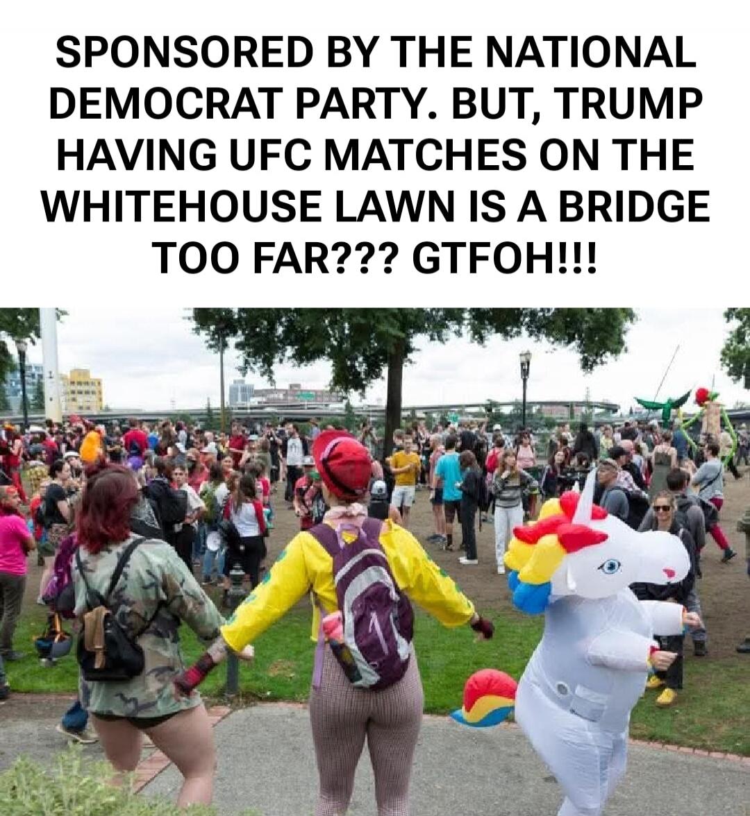 SPONSORED BY THE NATIONAL DEMOCRAT PARTY. BUT, TRUMP HAVING UFC MATCHES ON THE WHITEHOUSE LAWN IS A BRIDGE TOO FAR??? GTFOH!!!