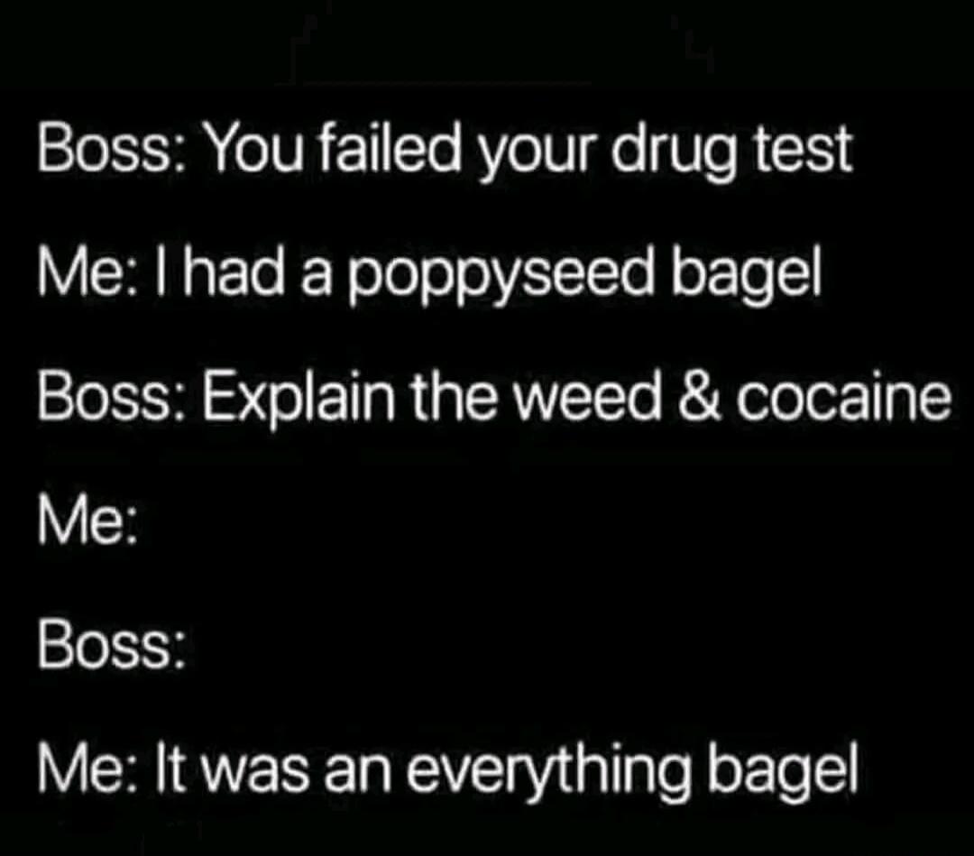 Boss: You failed your drug test
Me: I had a poppyseed bagel
Boss: Explain the weed & cocaine
Me:
Boss:
Me: It was an everything bagel
