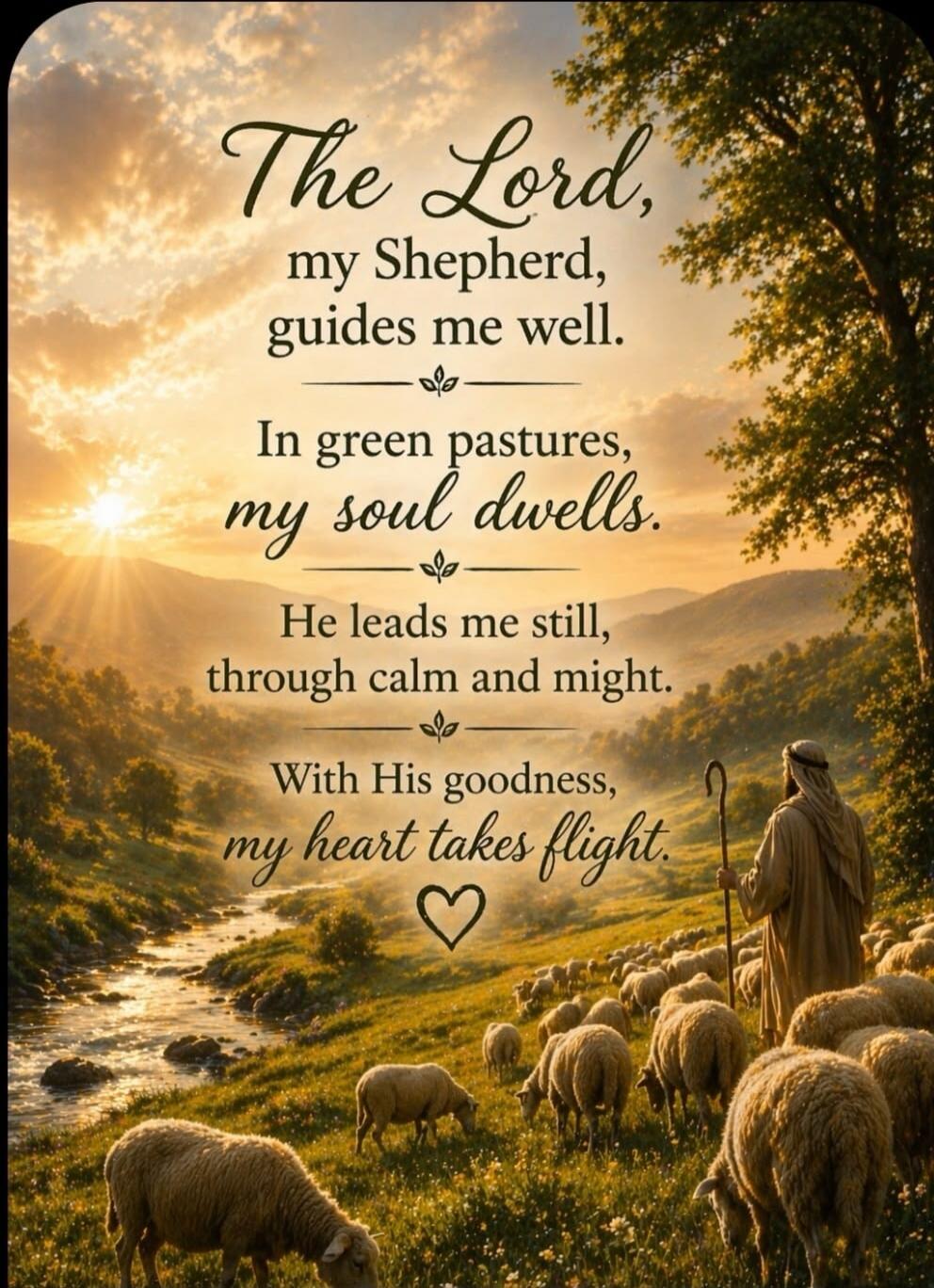 The Lord, my Shepherd, guides me well. In green pastures, my soul dwells. He leads me still, through calm and might. With His goodness, my heart takes flight.