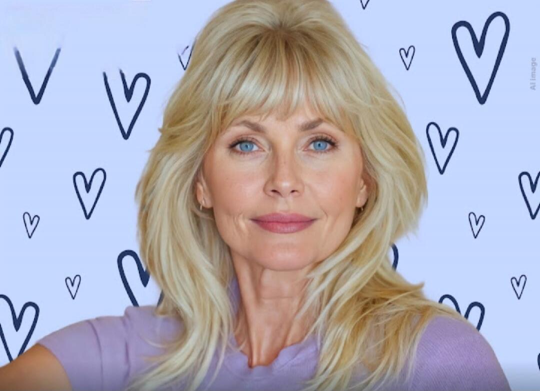 A portrait of a blonde woman with blue eyes, wearing a light purple top, against a light blue background decorated with dark blue heart shapes.