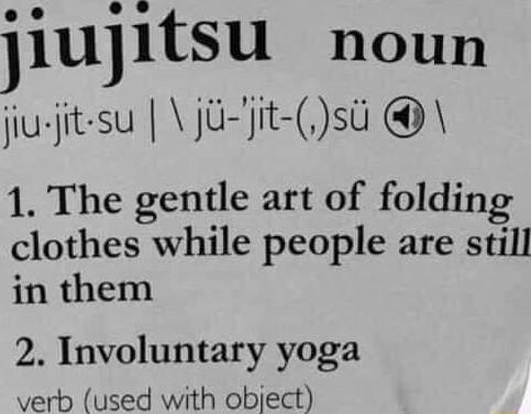 jiujitsu noun jiujit su jU jit st 1 The gentle art of folding clothes while people are still in them 2 Involuntary yoga verb used with object