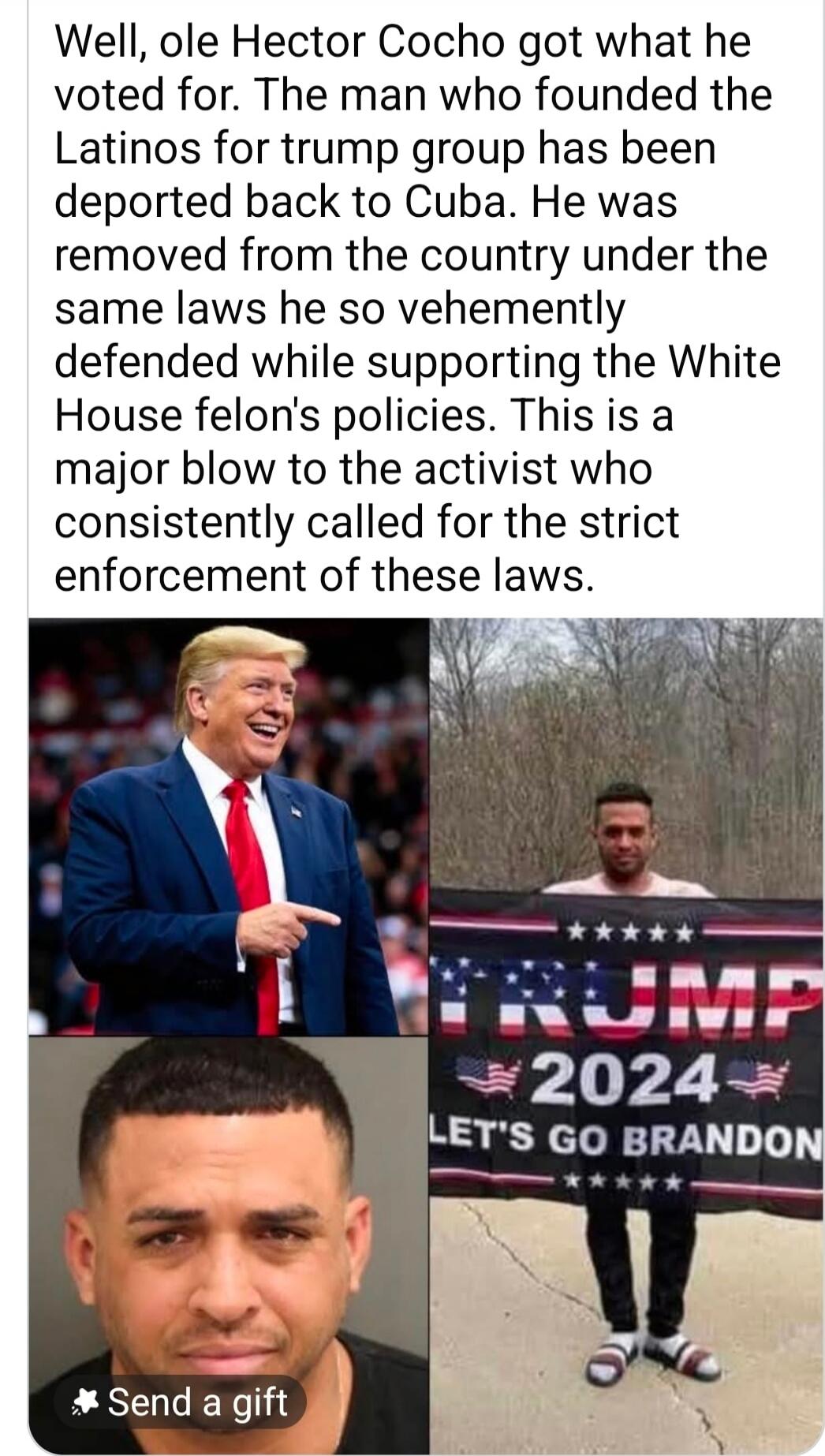 Well, ole Hector Cocho got what he voted for. The man who founded the Latinos for trump group has been deported back to Cuba. He was removed from the country under the same laws he so vehemently defended while supporting the White House felon’s policies. This is a major blow to the activist who consistently called for the strict enforcement of thes
