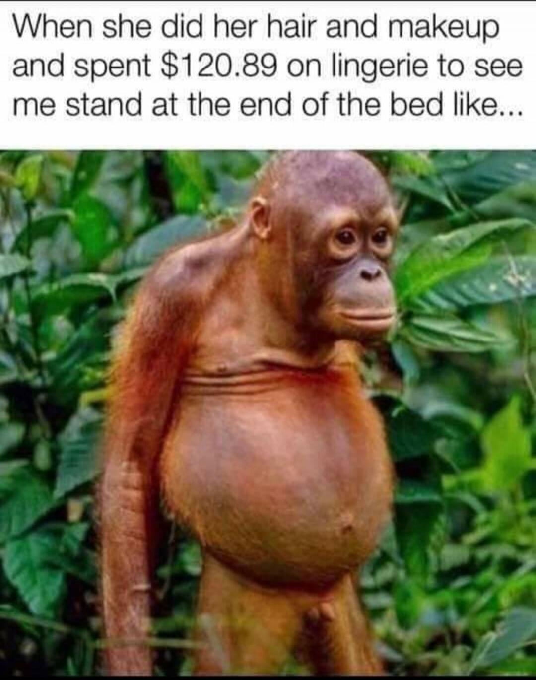 When she did her hair and makeup and spent $120.89 on lingerie to see me stand at the end of the bed like...