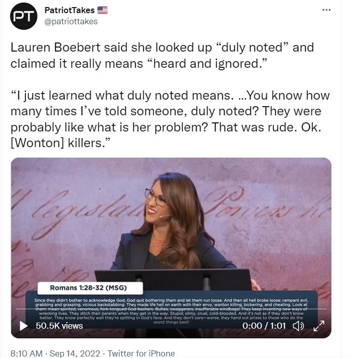 Lauren Boebert said she looked up duly noted and claimed it really means heard and ignored I just learned what duly noted means You know how many times Ive told someone duly noted They were probably like what is her problem That was rude Ok Wonton killers B 505Kviews