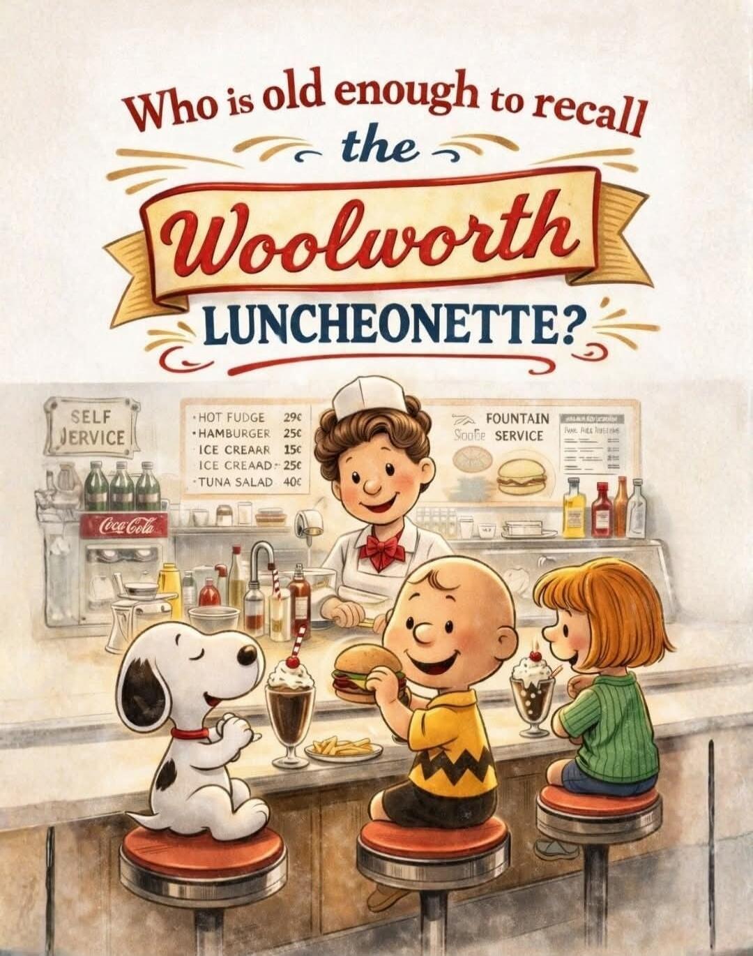 Who is old enough to recall the Woolworth Luncheonette? SELF SERVICE HOT FUDGE 25c HAMBURGER 25c ICE CREAM 15c TUNA SALAD 40c FOUNTAIN SERVICE
