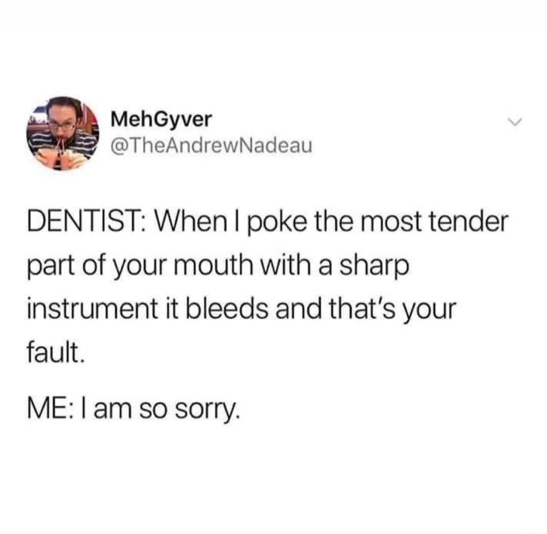 MehGyver @TheAndrewNadeau DENTIST: When I poke the most tender part of your mouth with a sharp instrument it bleeds and that's your fault. ME: I am so sorry.