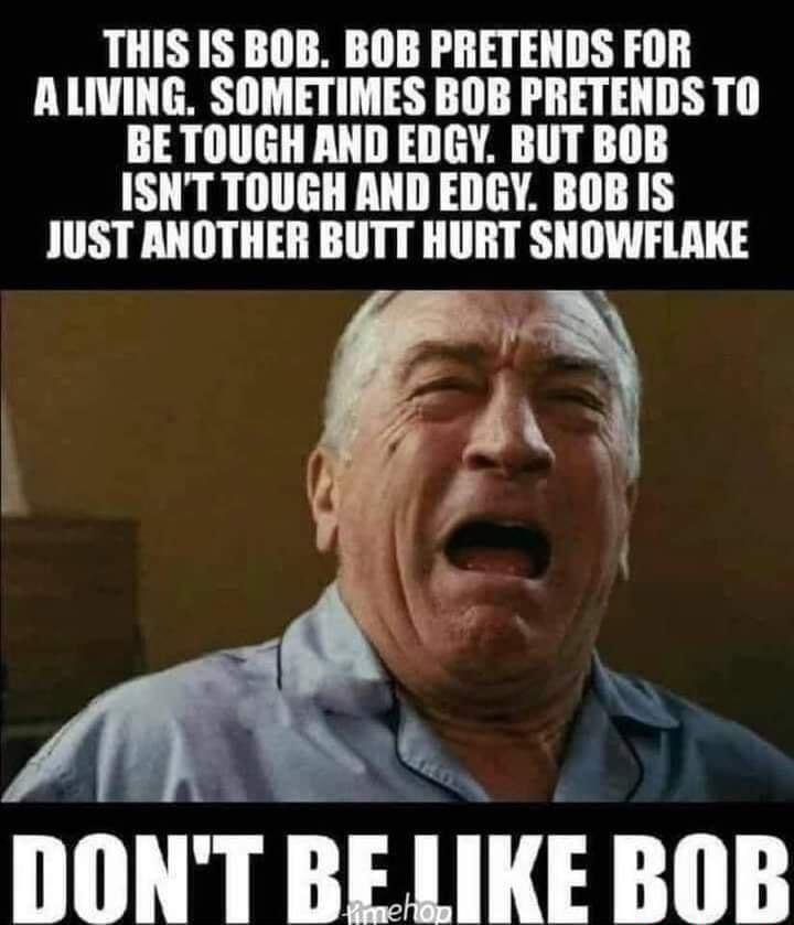 THIS IS BOB BOB PRETENDS FOR ALIVING SOMETIMES BOB PRETENDS TO BETOUGH AND EDGY BUT BOB ISNT TOUGH AND EDGY BOB IS JUST ANOTHER BUTT HURT SNOWFLAKE VA DONT BELIKE BOB