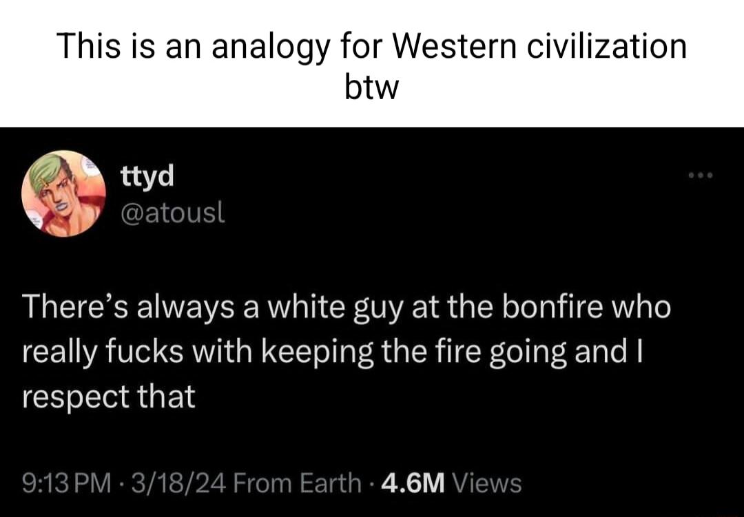 This is an analogy for Western civilization btw Theres always a white guy at the bonfire who really fucks with keeping the fire going and respect that 46M